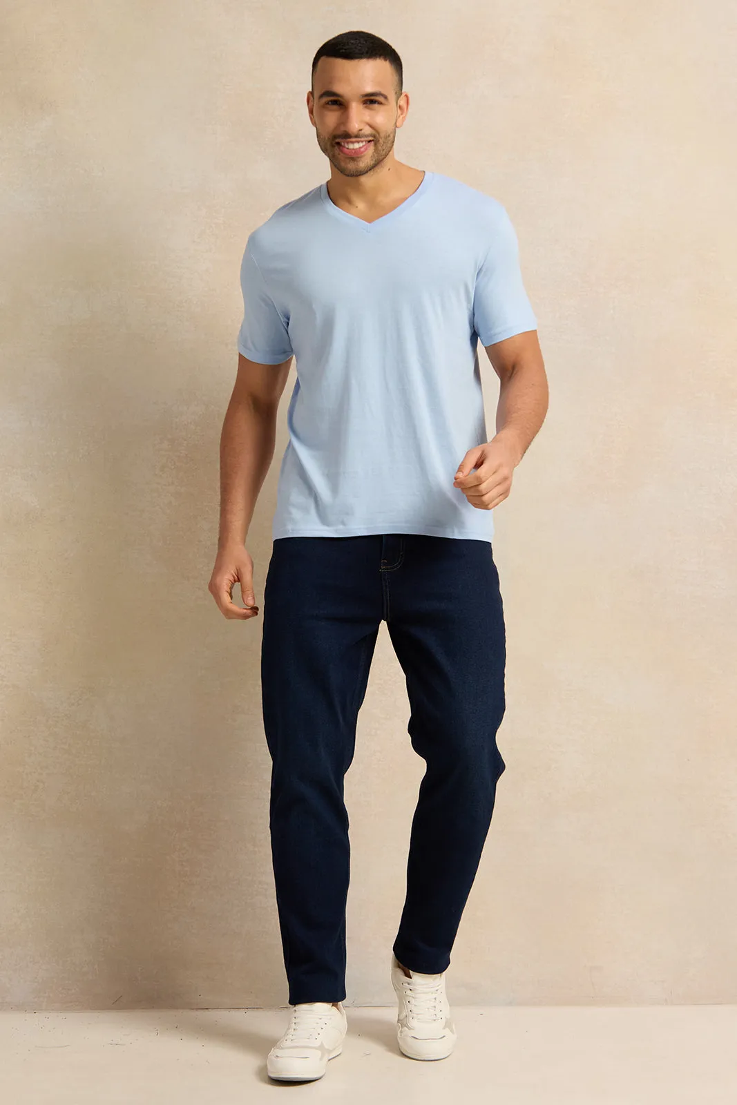 Men Blue Basic V-Neck T-Shirt