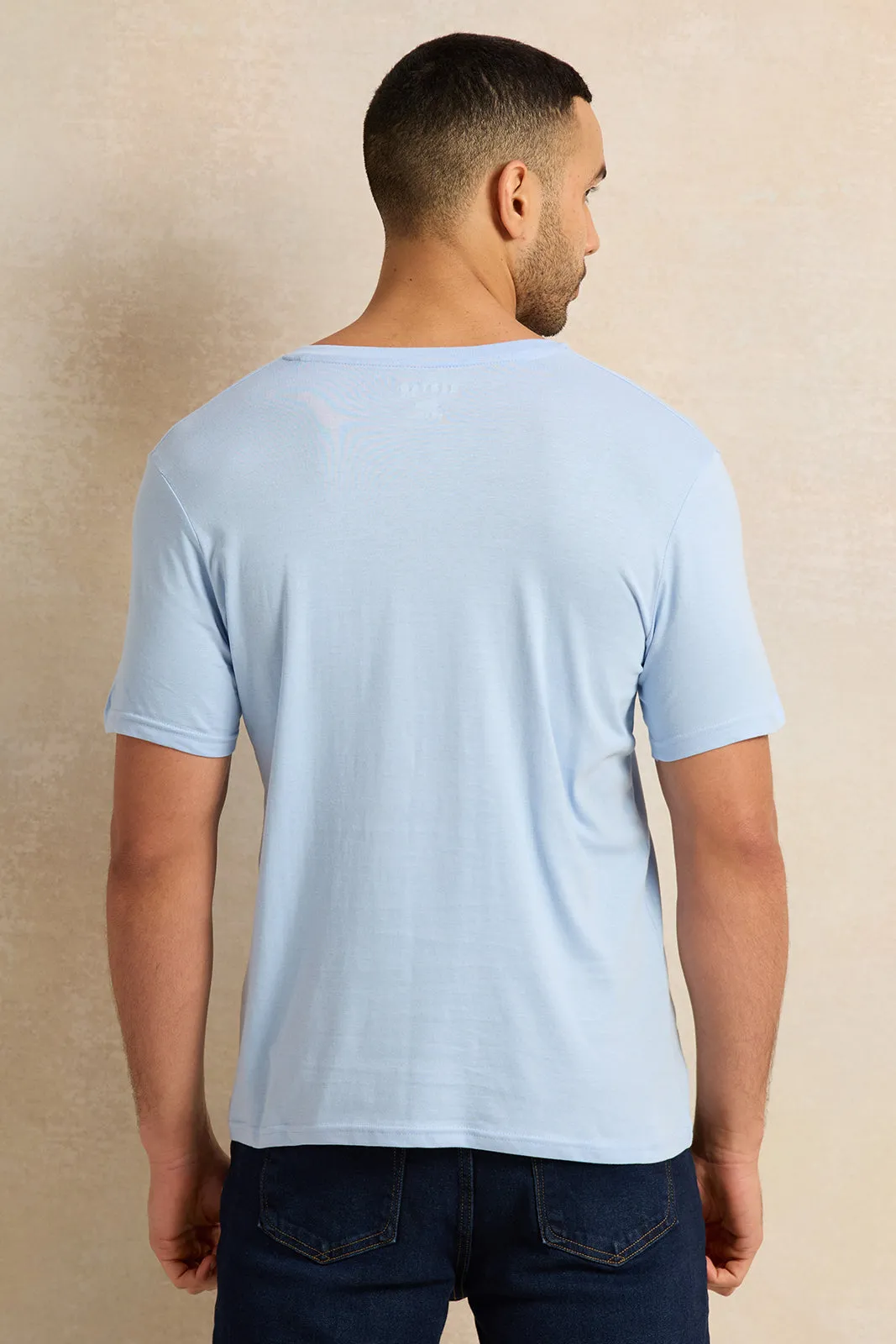 Men Blue Basic V-Neck T-Shirt