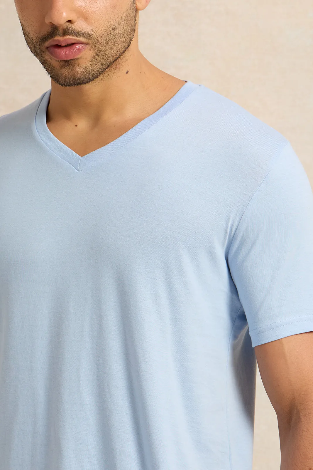 Men Blue Basic V-Neck T-Shirt