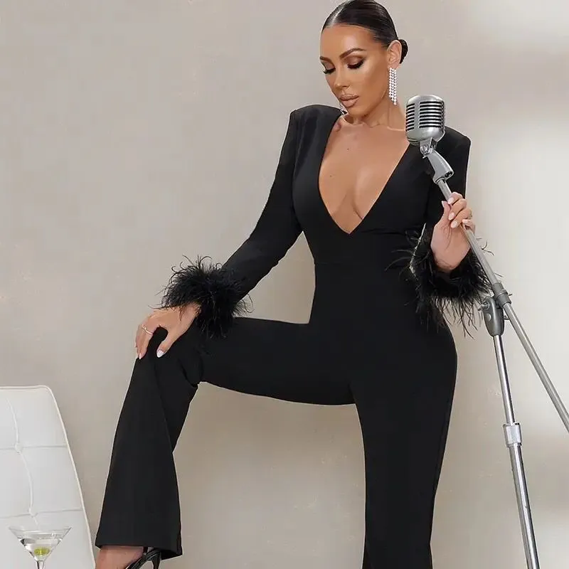 New Fashion Black Color Women Long Sleeve Sexy Deep V-Neck Bodycon Jumpsuit Feathers Rayon Bandage Celebrate Evening Dress X4029