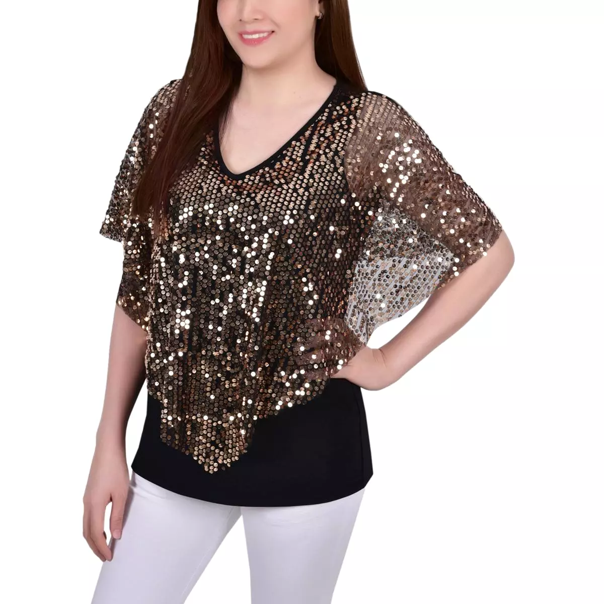 NY Collection Womens Petites Sequined Poncho Pullover Top