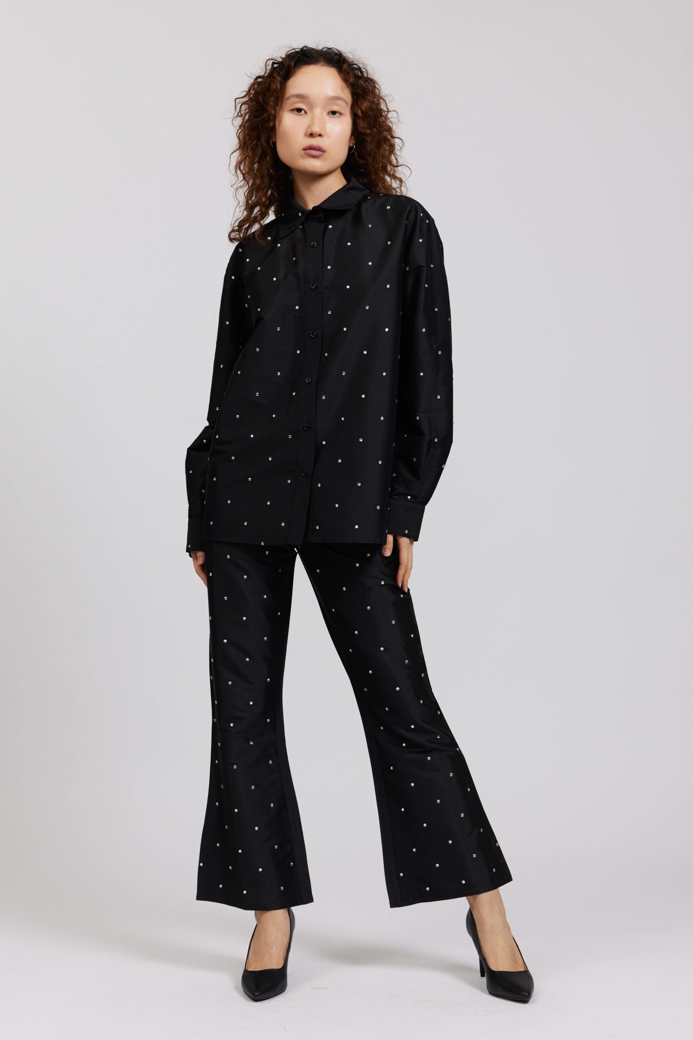 Oversized Button Up in Black Rhinestone