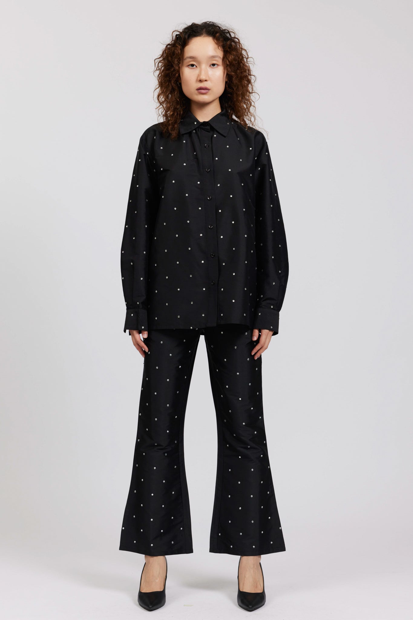 Oversized Button Up in Black Rhinestone