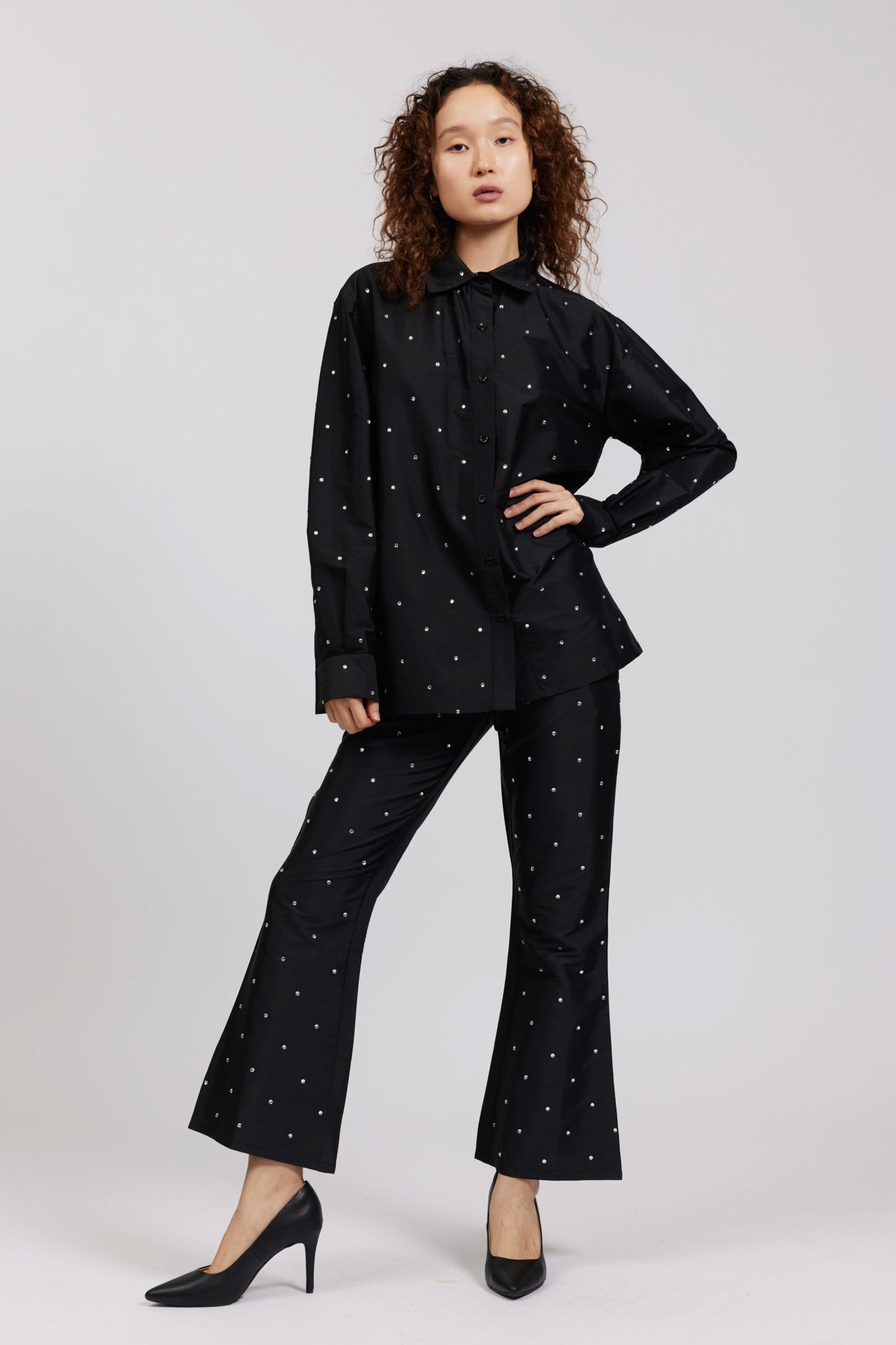 Oversized Button Up in Black Rhinestone