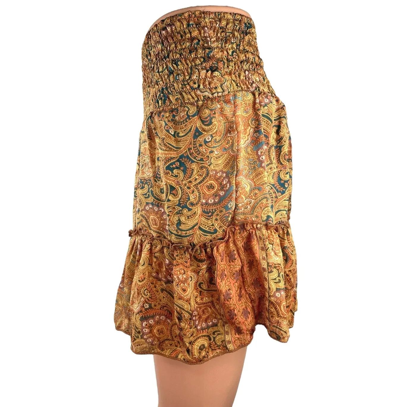 Perry Walker Collective Multi Paisley Silk Satin Ruffle Smocked A-Line Skirt S