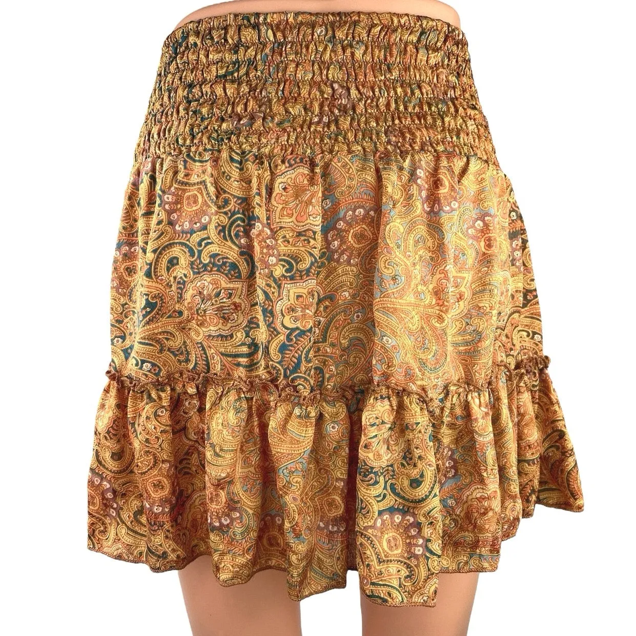 Perry Walker Collective Multi Paisley Silk Satin Ruffle Smocked A-Line Skirt S