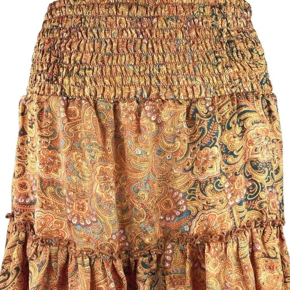 Perry Walker Collective Multi Paisley Silk Satin Ruffle Smocked A-Line Skirt S