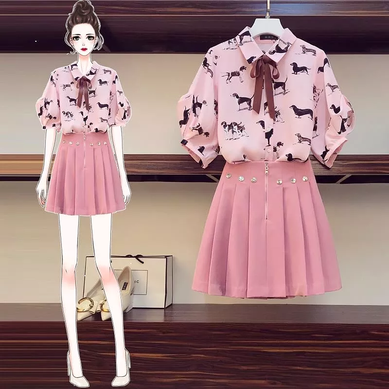 Pink Printing Blouse + Skirt Suit AD11907