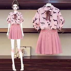 Pink Printing Blouse + Skirt Suit AD11907