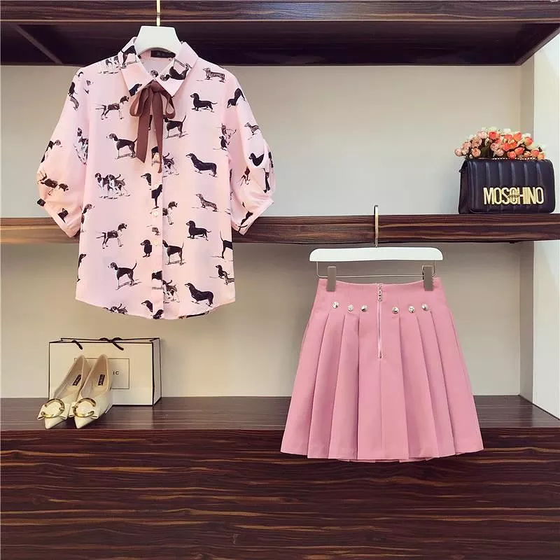 Pink Printing Blouse + Skirt Suit AD11907