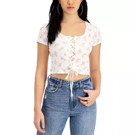 Pink Rose Womens Juniors Ribbed Floral Cropped