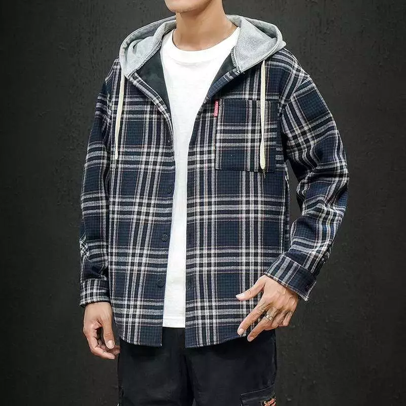 Plaid Long Sleeves Hooded Button Up