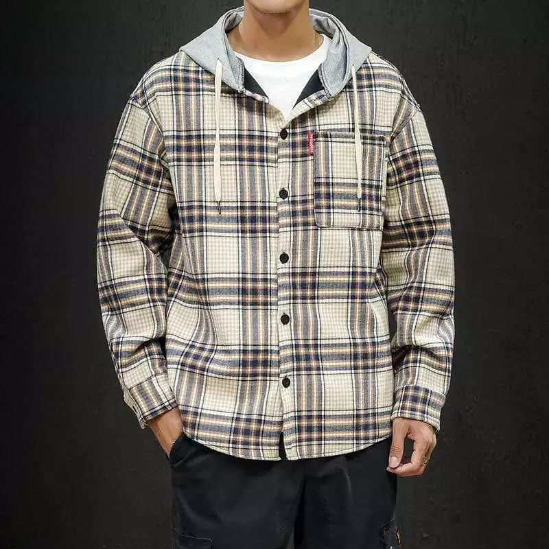 Plaid Long Sleeves Hooded Button Up