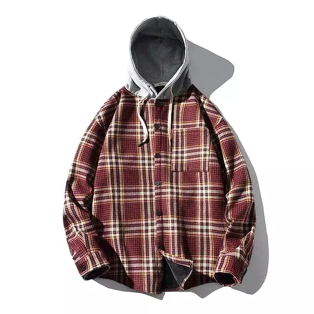 Plaid Long Sleeves Hooded Button Up