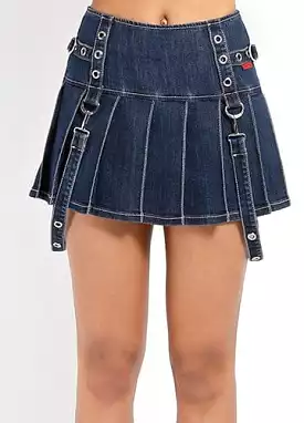 PLEATED GROMMET DENIM SKIRT