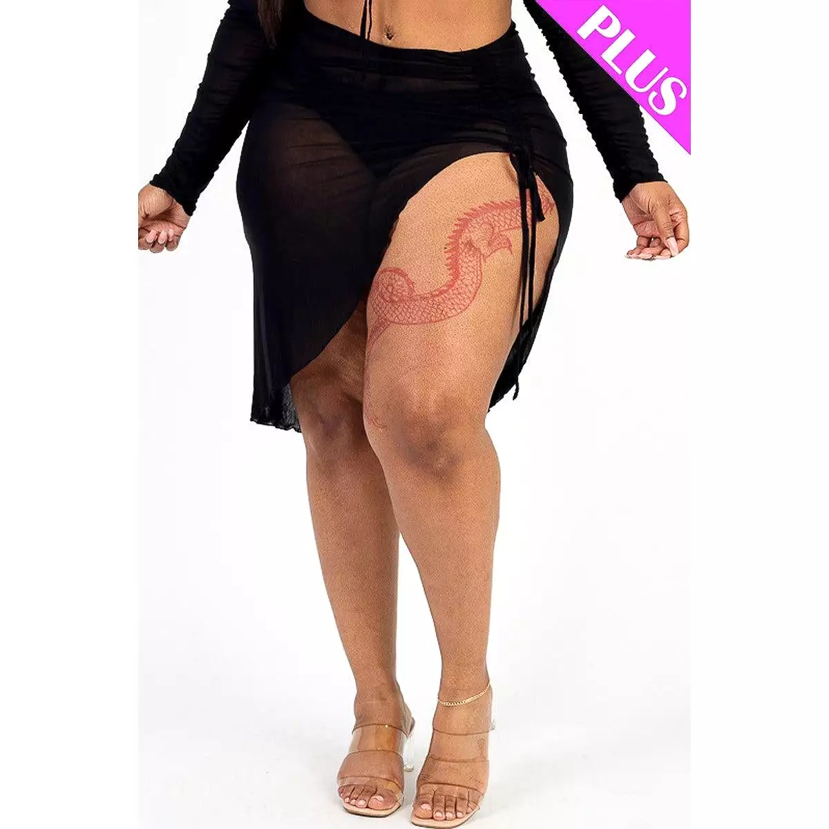 Plus Sexy Sheer Mesh Drawstring Ruched Skirt