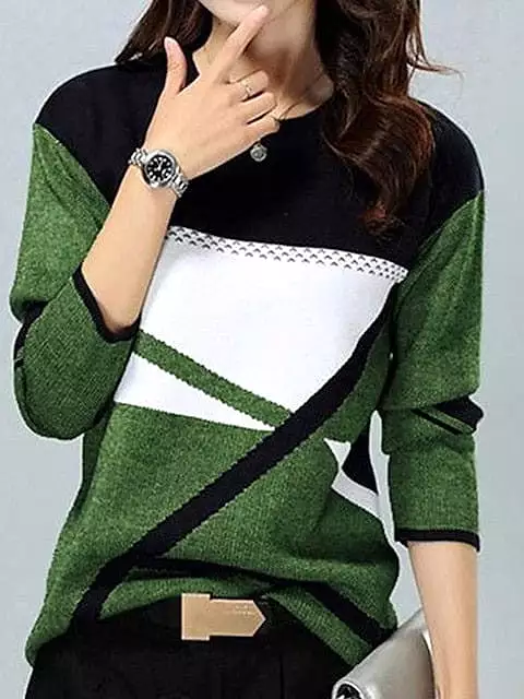 Plus Size Color Block Long Sleeve T-shirt for Women