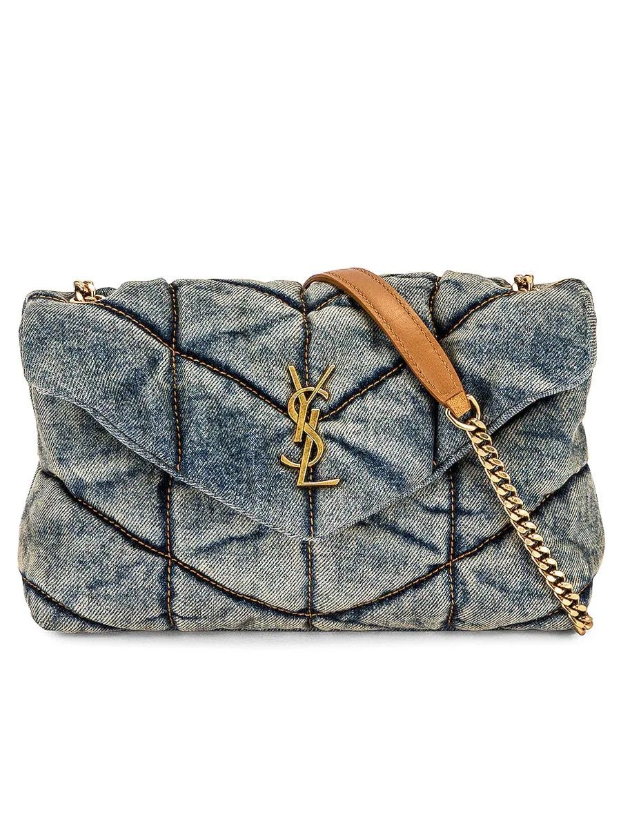 Puffer Toy Bag in Quilted Vintage Denim and Suede