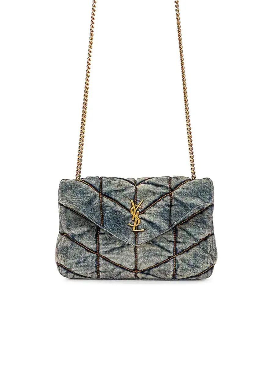 Puffer Toy Bag in Quilted Vintage Denim and Suede