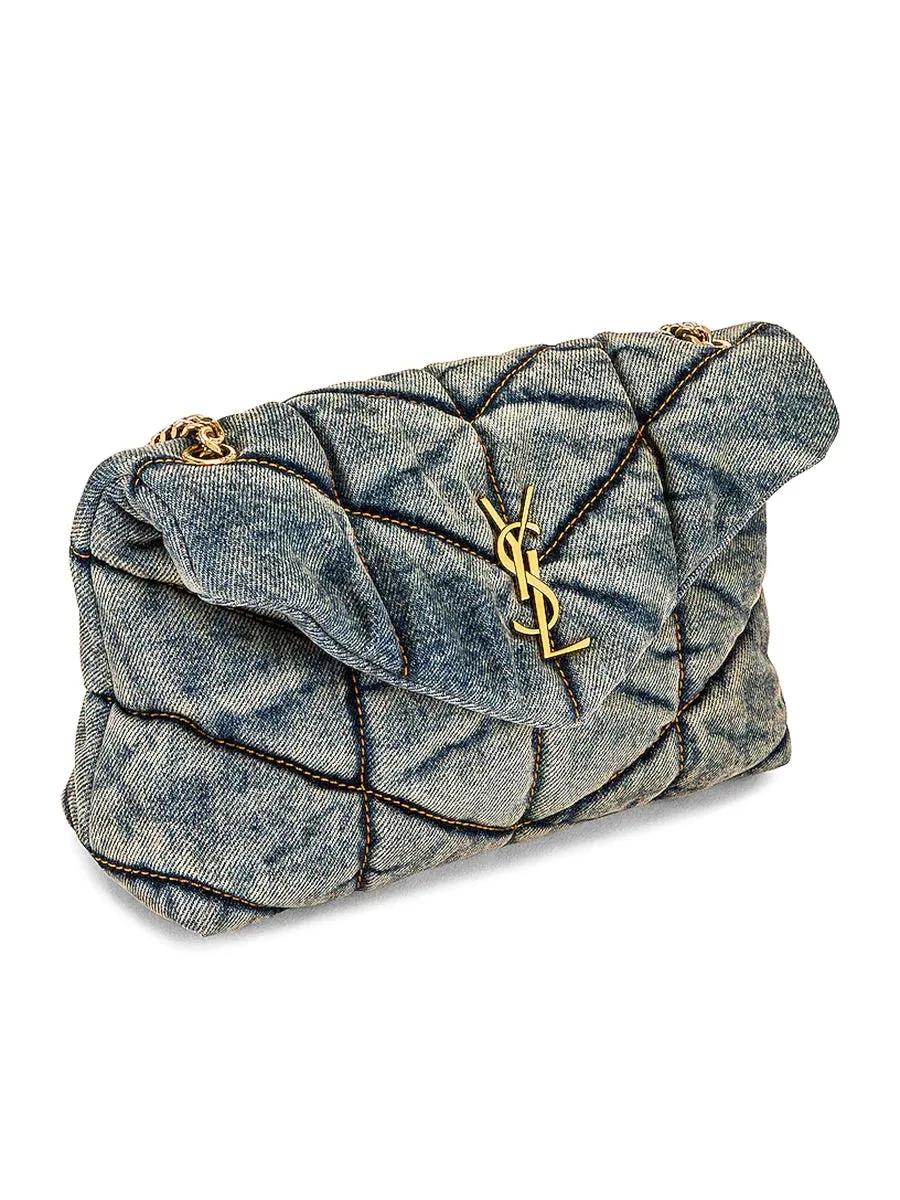 Puffer Toy Bag in Quilted Vintage Denim and Suede