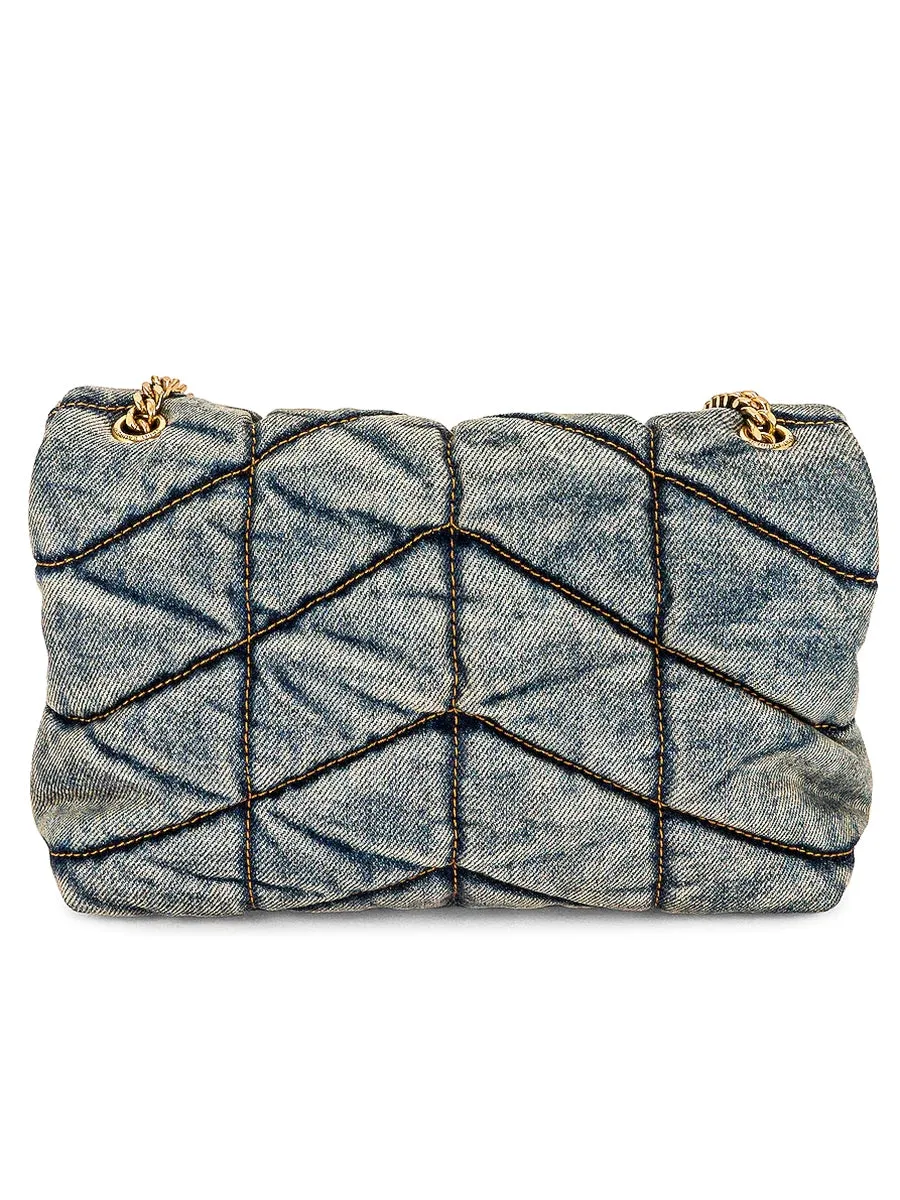 Puffer Toy Bag in Quilted Vintage Denim and Suede