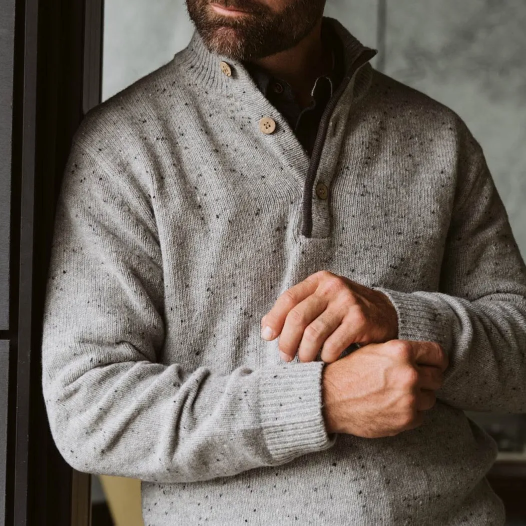 Quarter Button Wool Sweater | Gray Fleck