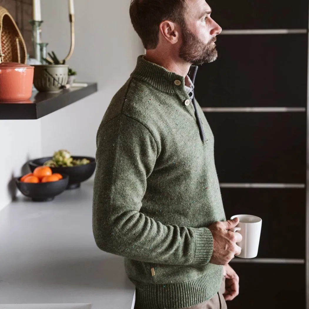 Quarter Button Wool Sweater | Pine Fleck