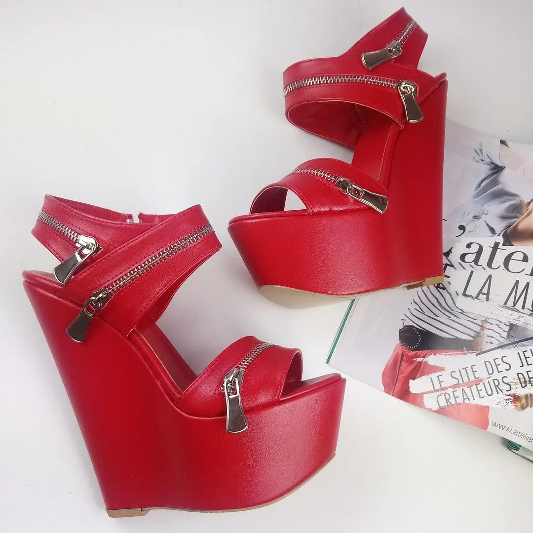 Red Zipper Detail Wedge Sandals