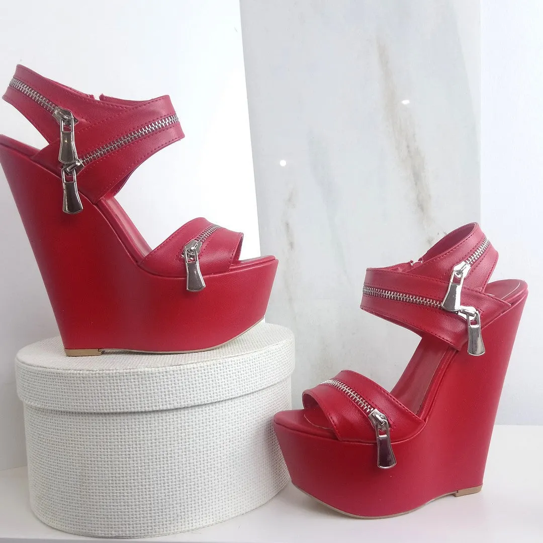 Red Zipper Detail Wedge Sandals