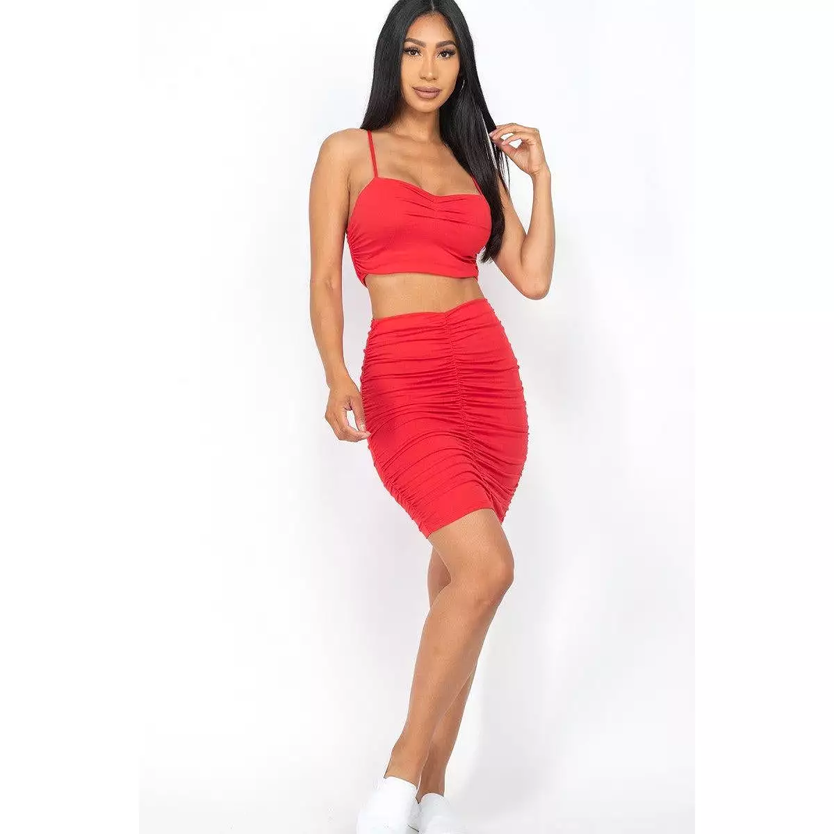 Ruched Crop Top And Skirt Sets