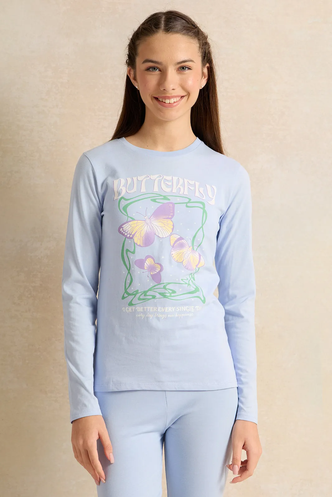 Senior Girls Blue Butterfly Printed T-Shirt