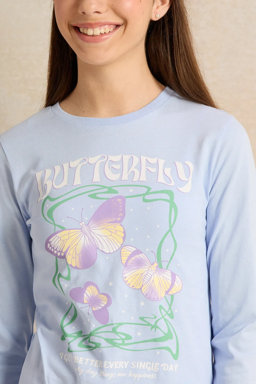 Senior Girls Blue Butterfly Printed T-Shirt