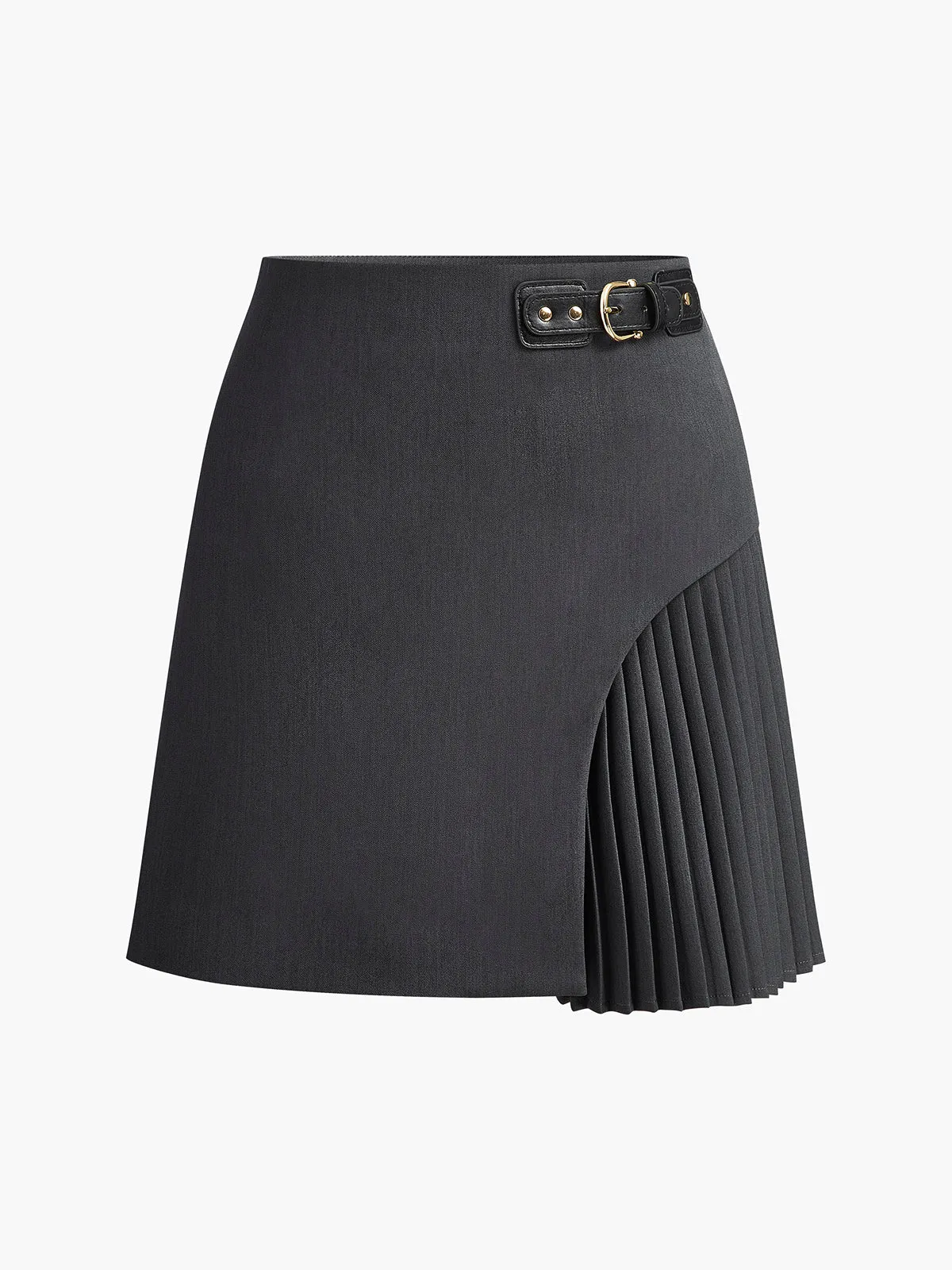 Side Pleated Buckle Belted Skirt