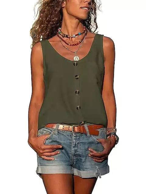 Sleeveless Army Green V-Neck T-shirt with Cute Kitten Design for Women