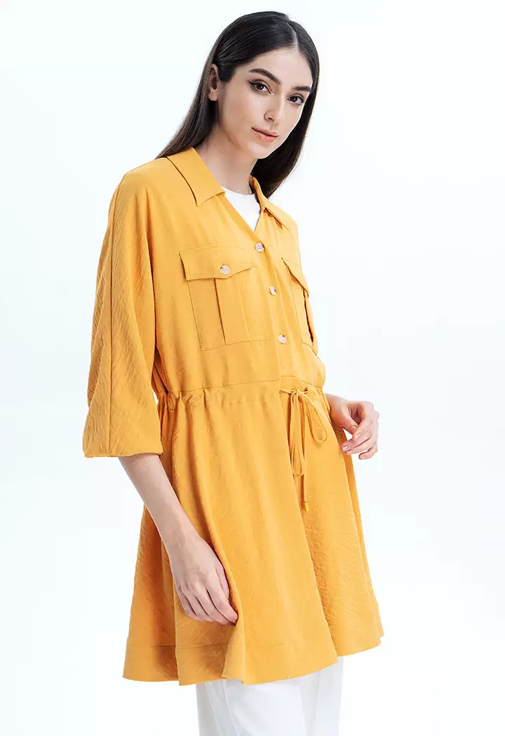 Solid Tunic Blouse With Drawstring Closure