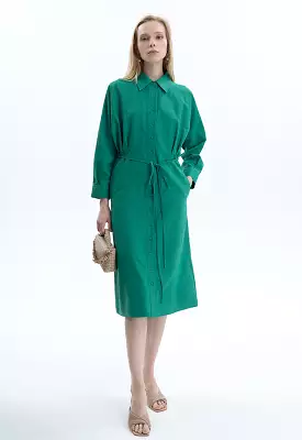 Solid Waist Tie Shirt Dress