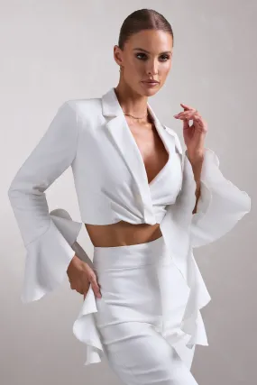 Sophie | White Cotton-Blend Tailored Cropped Blazer With Ruffled Cuffs