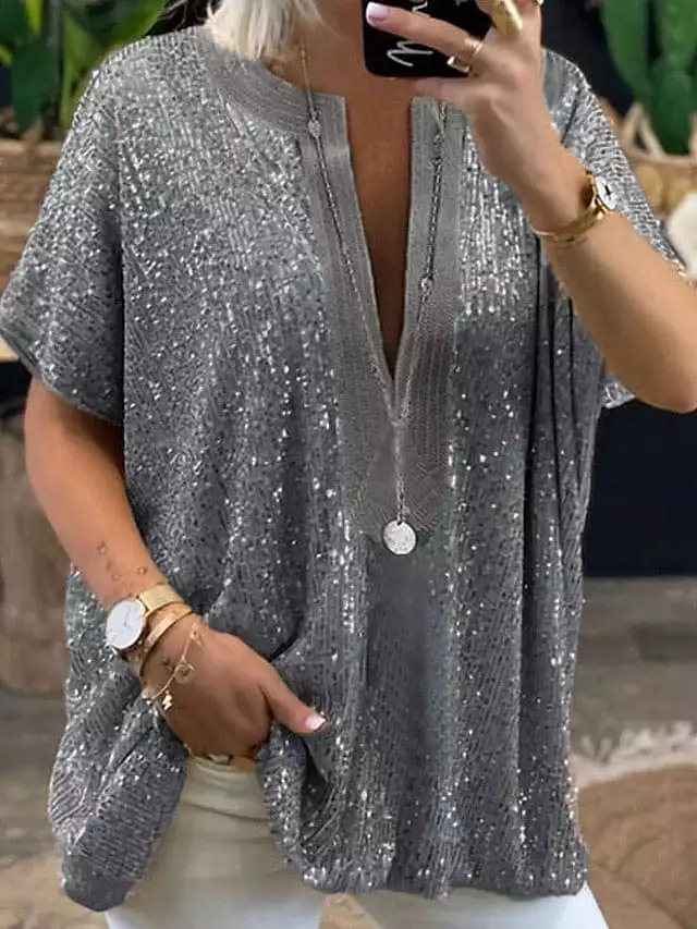 Sparkling Sequin Plus Size Women's Shirt Blouse with Vintage V-Neck