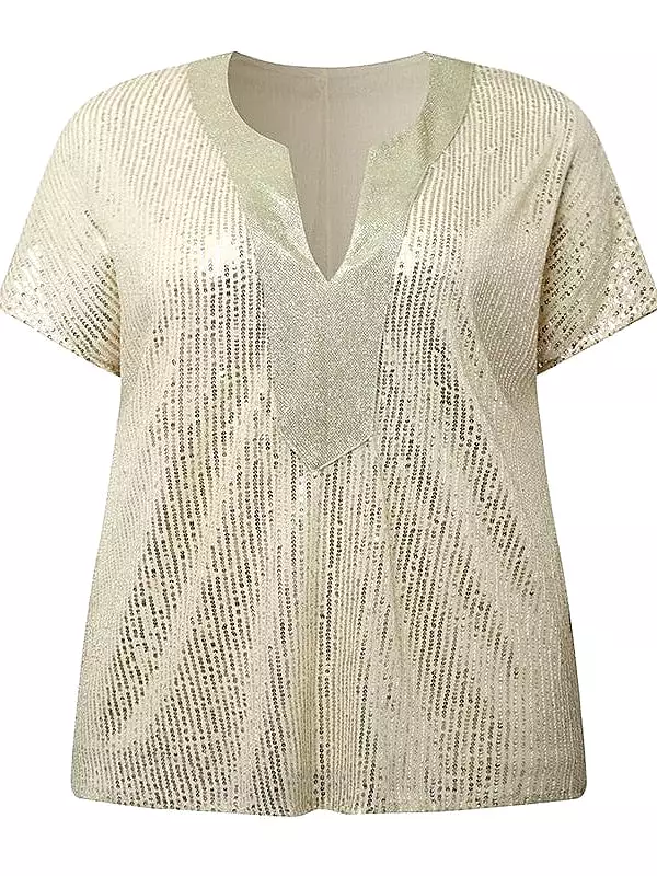 Sparkling Sequin Plus Size Women's Shirt Blouse with Vintage V-Neck