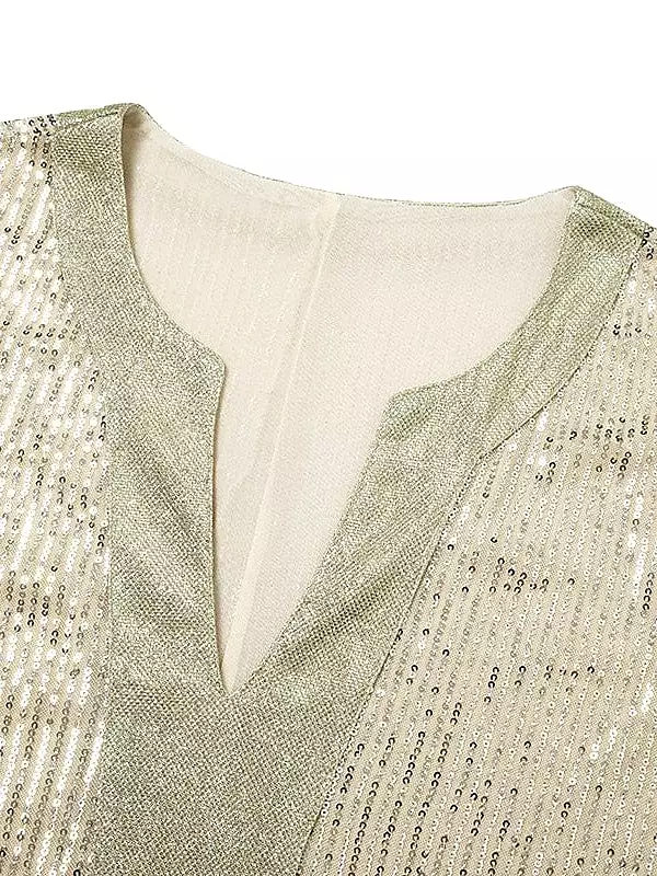 Sparkling Sequin Plus Size Women's Shirt Blouse with Vintage V-Neck