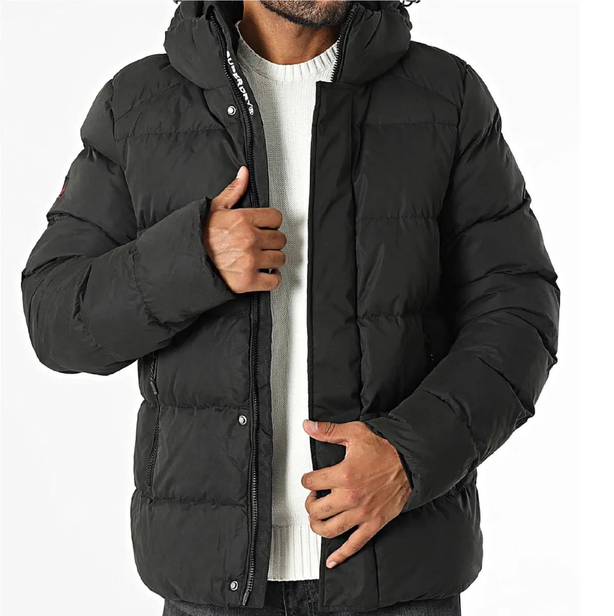 Superdry Hooded Microfibre Sports Puffer Jacket Black