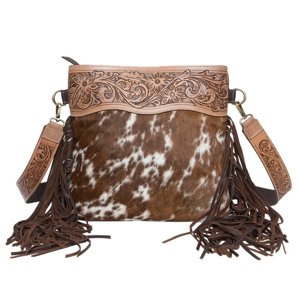 The Design Edge Pasto Brown and White Cowhide Medium Sling Bag - AB13