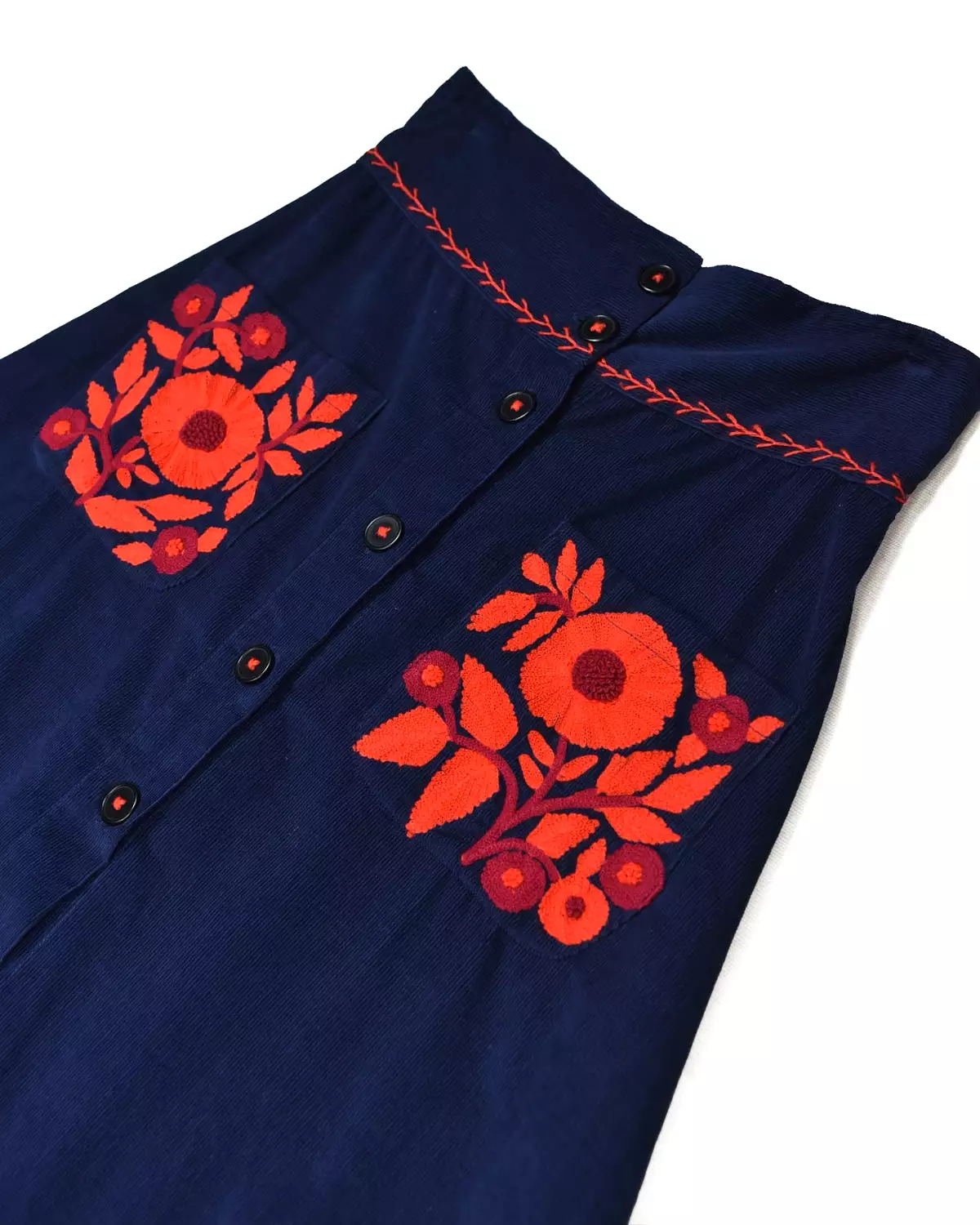 Thierry Colson Navy Corduroy Embroidered Floral Skirt