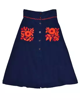 Thierry Colson Navy Corduroy Embroidered Floral Skirt