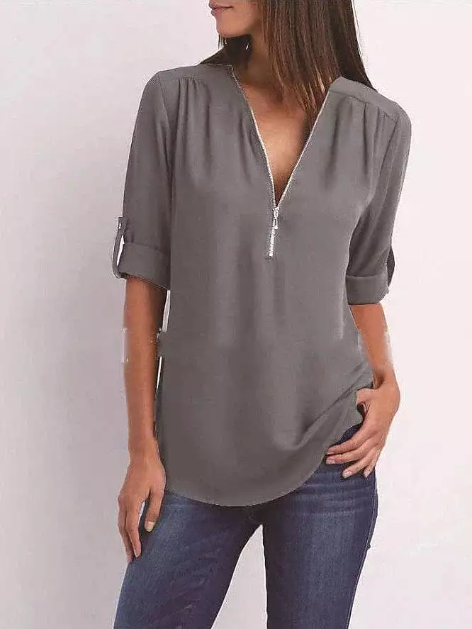 V Neck Zipper Women's Blouse Shirt for Summer