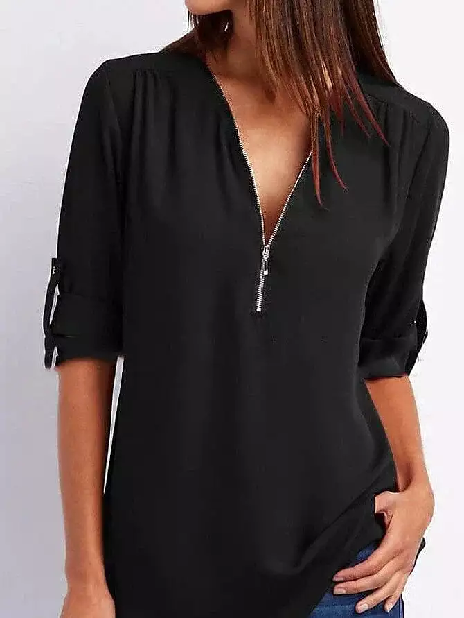 V Neck Zipper Women's Blouse Shirt for Summer