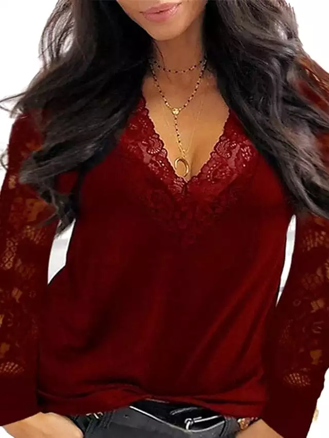 Versatile Women's Lace Shirt with V-Neck and Long Sleeves