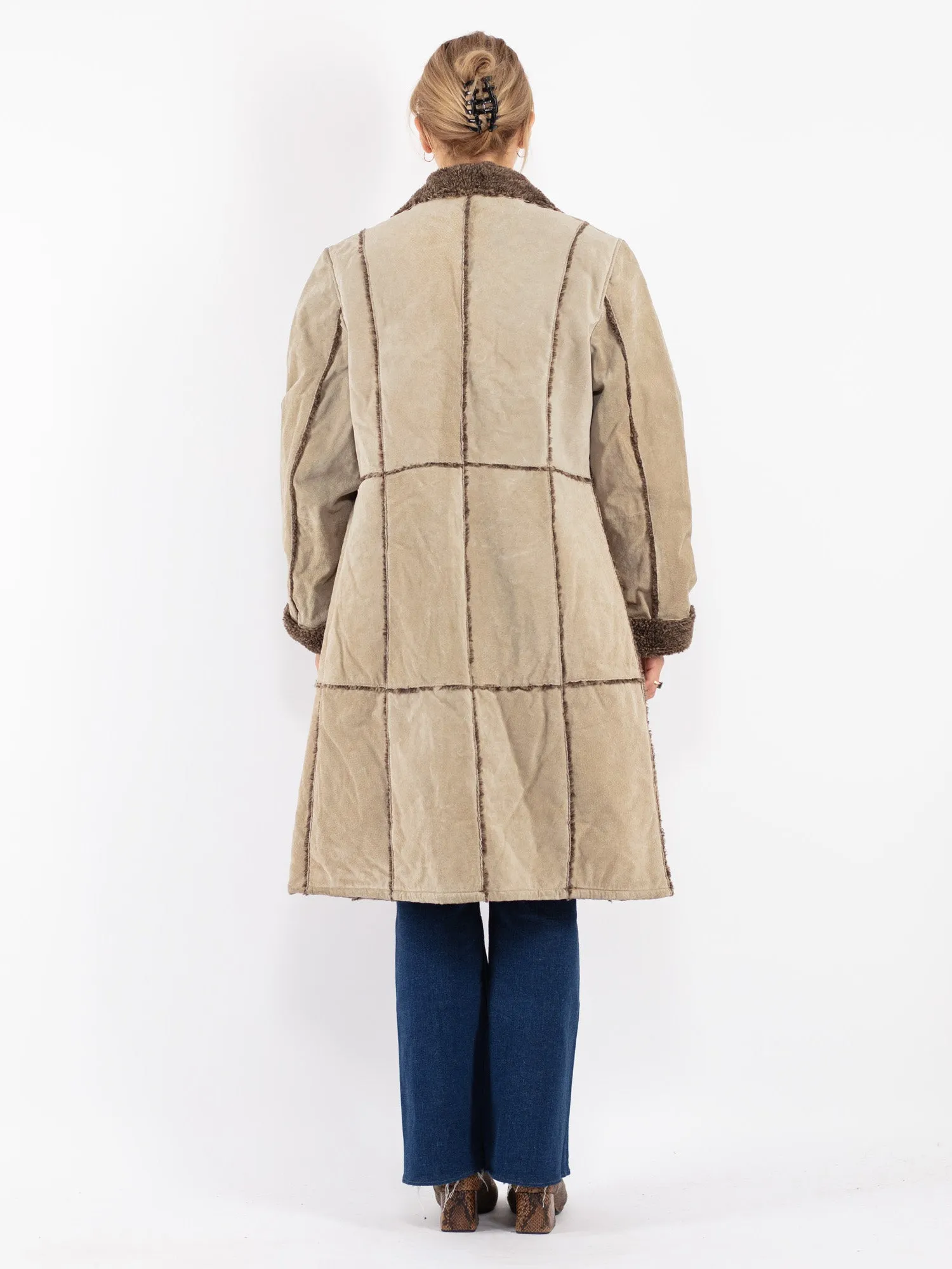 Vintage 00's Women Suede Sherpa Coat in Beige