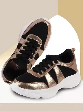 Women Black/Golden Lace Up Sneakers