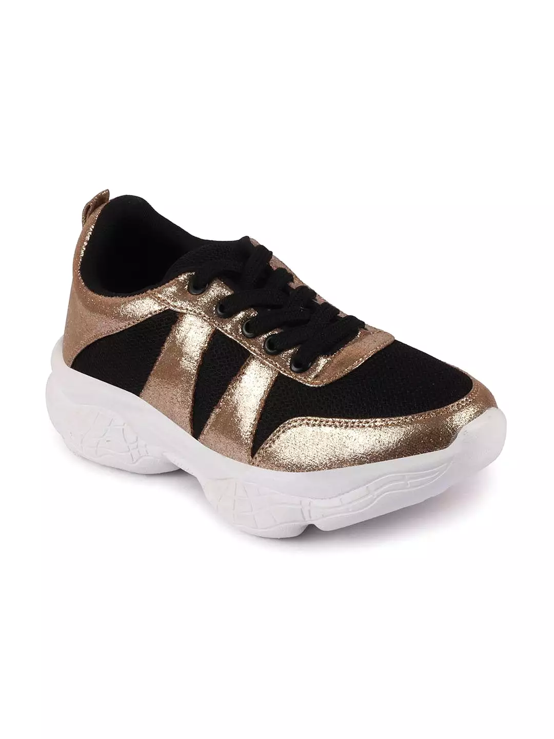 Women Black/Golden Lace Up Sneakers